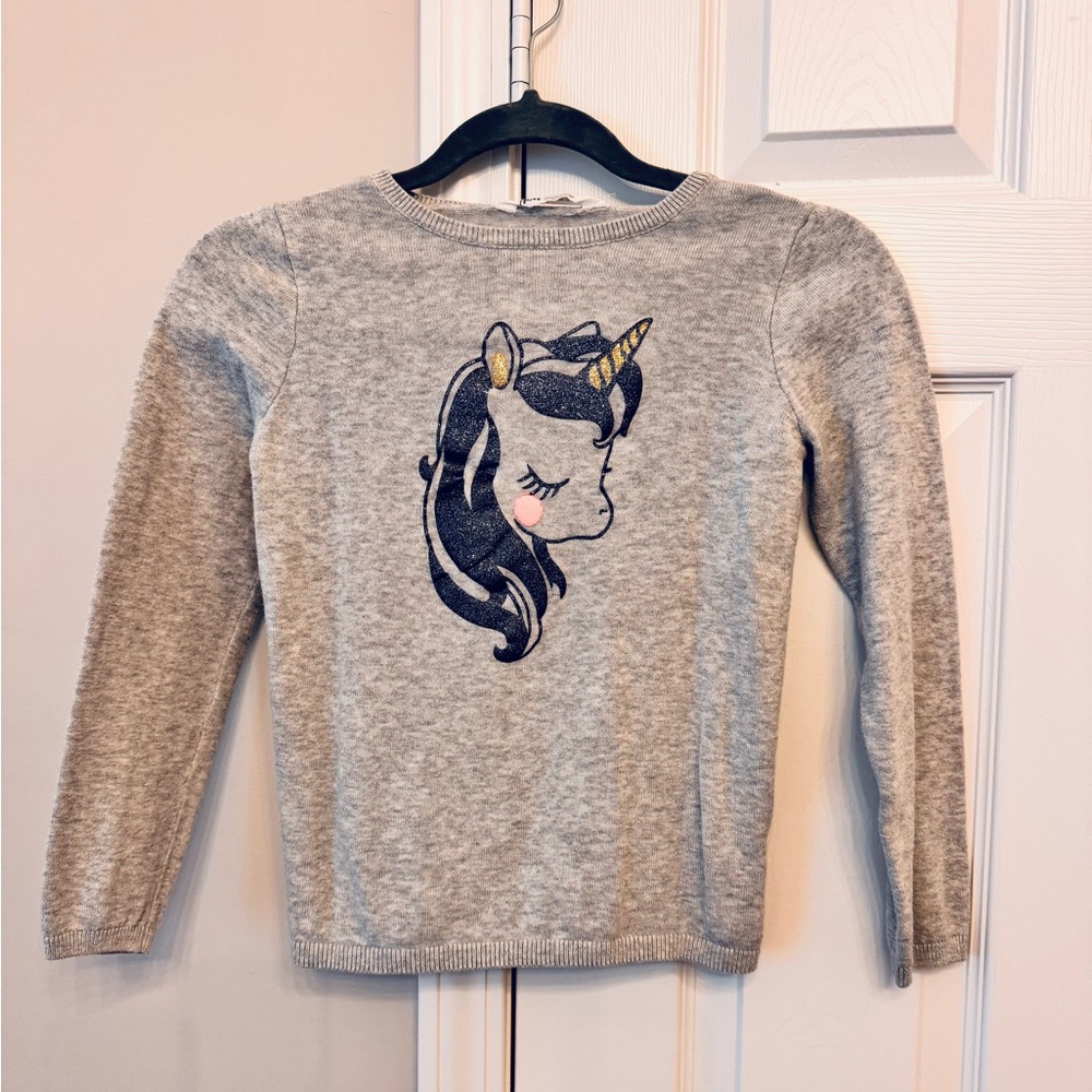 H&M Grey Sparkly Unicorn Long Sleeve Sweater Light Weight 100% Cotton